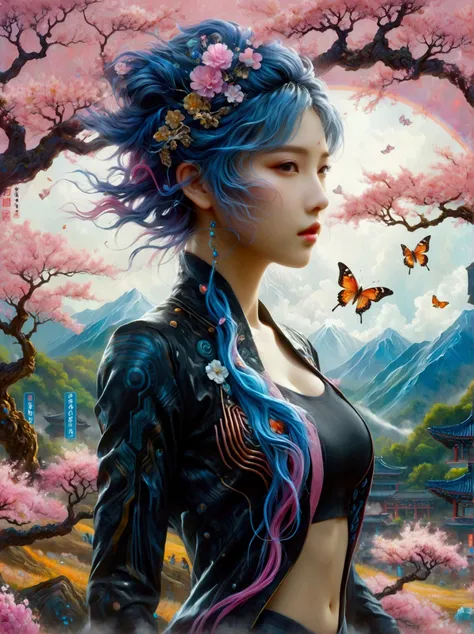 ((Imagine))，((whole body))，1 girl, Wearing a black cheongsam，Arms and Legs，手持电动步枪的Cyberpunk美女，Standing under a cherry tree with pink flowers in full bloom，（Mechanical ceramic high heels:1.5 ），Empty mountain motorcycle style oil painting，in the style of fut...