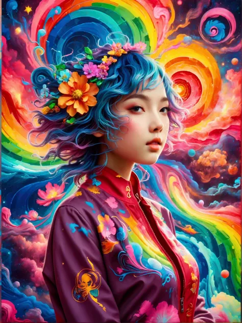 (Psychedelic painting of a beautiful girl standing in front of a colorful swirl:1.5), (Hip-hop pose:1.9)，Official Art，(Aesthetics and aesthetics:1.2)，(Fractal Art:1.3)，(Chinese girl&#39;s facial features，Extremely beautiful facial features:1.8)，Elegant dre...