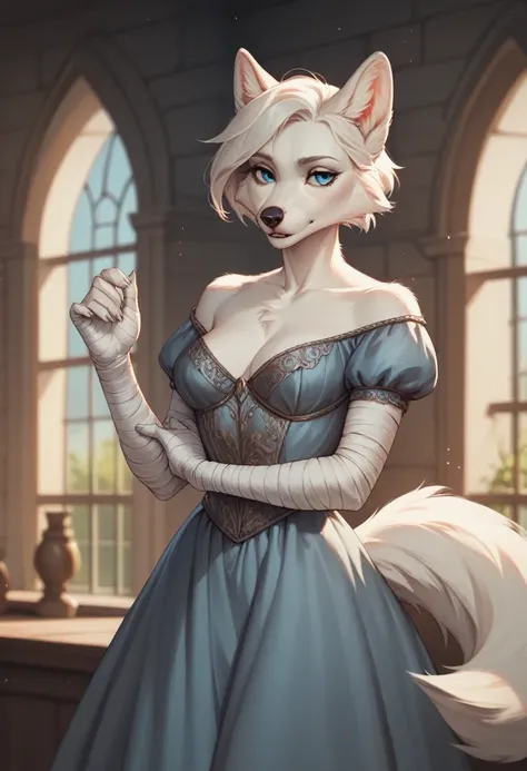 Anthro, beautiful, (feminine:1.1), wolf-woman, docile, (white fur:1.2), short hair, white wolf ears, long snout,  bandaged arms, blue wolf eyes, plain medieval grey dress, breast fur, medium breasts