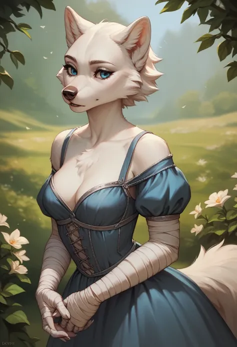 Anthro, beautiful, (feminine:1.1), wolf-woman, docile, (white fur:1.2), short hair, white wolf ears, long snout,  bandaged arms, blue wolf eyes, plain medieval grey dress, breast fur, medium breasts