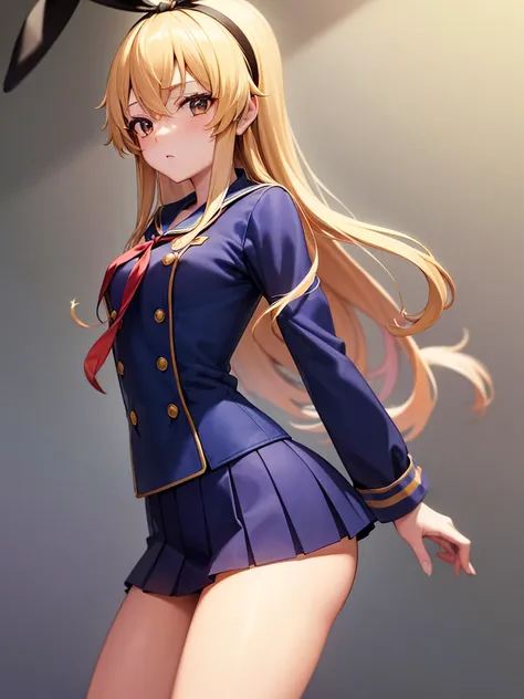 (masterpiece, best quality, highly detailed, ultra detailed, high resolution, absurdres, 4K, 8K:1.2), 
BREAK,shimakaze uniform:1.5, 10 years GIRL,Blonde_HAIR,(RED Ribbon on HAIRband:1.2)