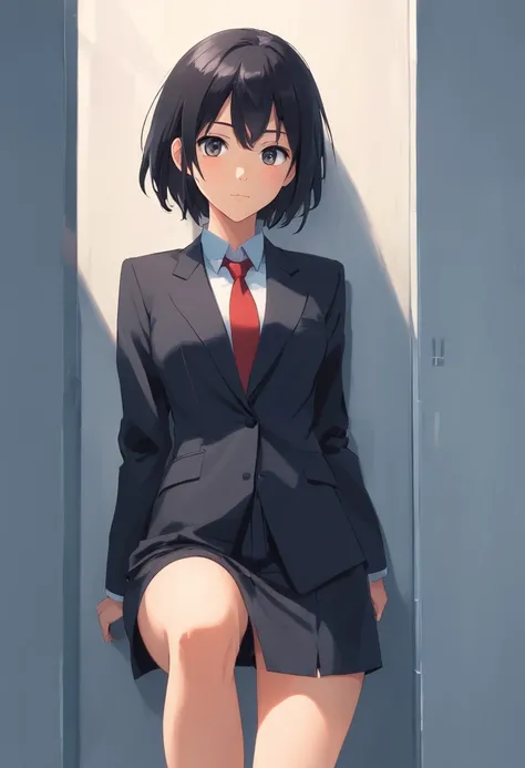 8K delicate perfect true 2D black hair long eyes black young mature woman wearing suit black, legs dressed in black silk, delicate face, Figure mature（Photo du corps entier）Leaning against a white wall, looking ahead, son visage est froid