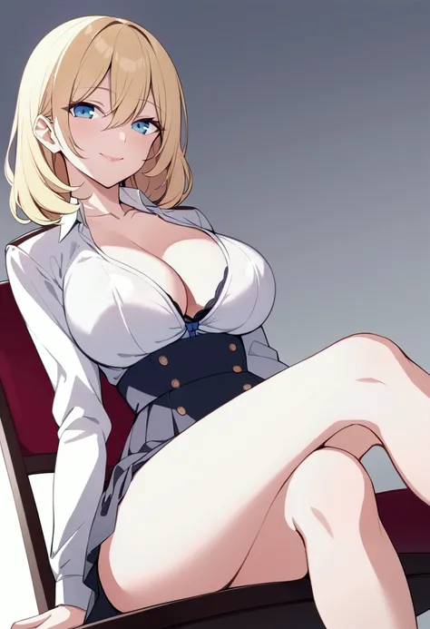 slender, mature female, dutch angle, looking up from below, chair, sitting, bra, gibson tuck, 1girl, medium hair, blonde hair, hair between eyes, hiny hair, blue eyes, bangs, nose, lips, closed mouth, smile, white officer shirt, white long sleeve, tie ribb...