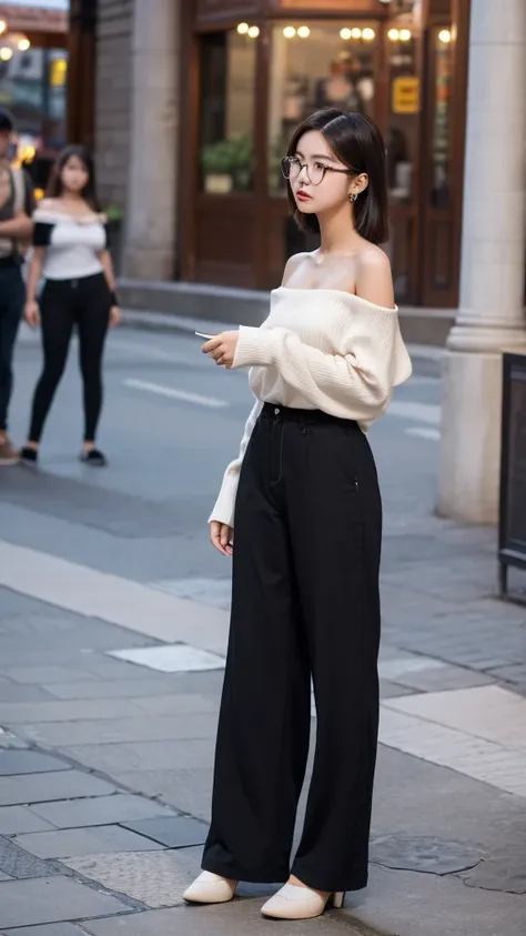 Student girl 17-year-old Hairstyle Casual, wearing off shoulder collarbone and casual long pants girl with Square glasses with black edges on  town square at evening