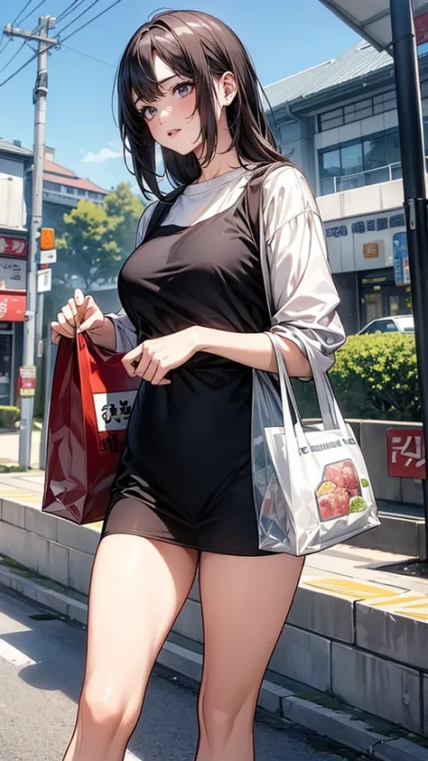 (A work depicting a scene from a manga for adults), housewife, Realistic sized eyes, Droopy eyes, shame, (She is carrying a large plastic bag full of groceries.), (Spread your legs, banging one&#39;s groin against a stone pillar on the sidewalk to masturba...