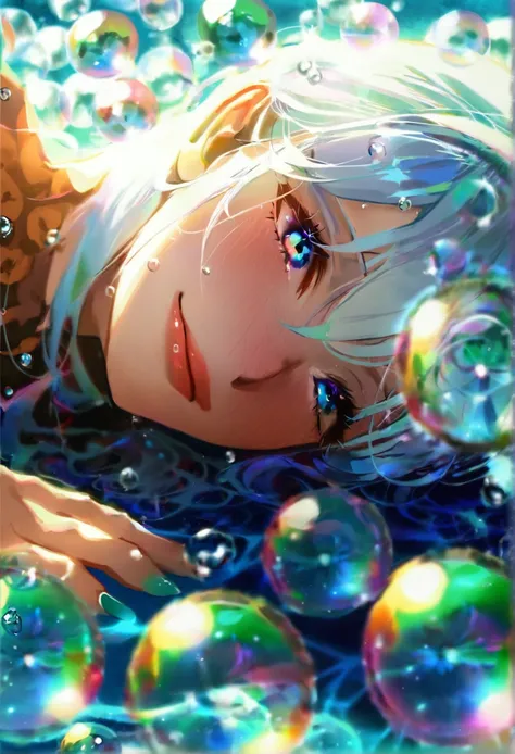 Masterpiece, very aesthetic, best quality, 1girl, white hair, blue eyes, clock, lying, blue theme, bubbles, iridescent, colorful, detailed, smile, nose blush