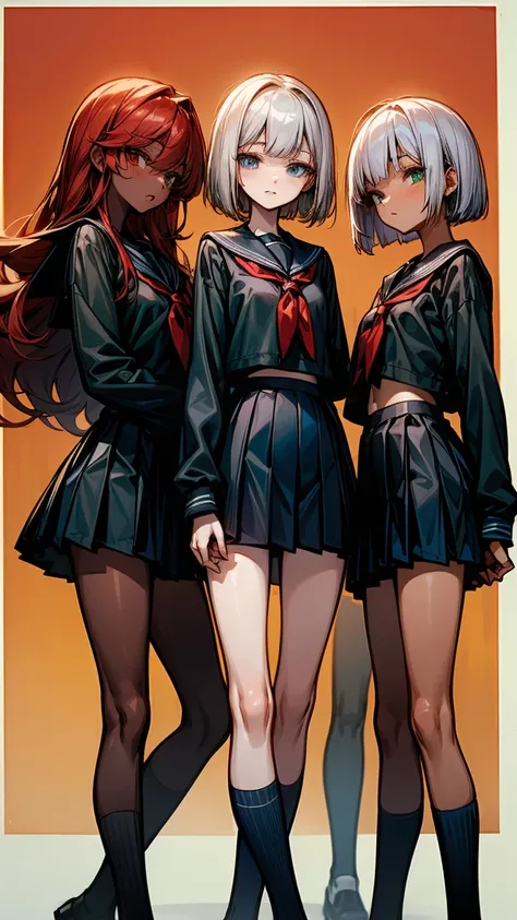 "Three 17 year old girls. The first has long yellow hair and green eyes., with tanned body. The second has white Bob hair and blue eyes, with light skin. The third has long red hair and red eyes., with dark body. The three are standing, wearing school unif...