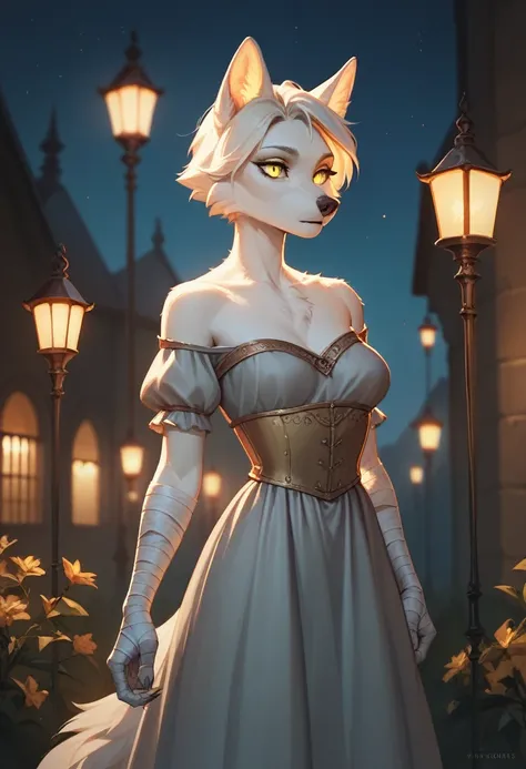 Anthro, beautiful, solo-girl, (feminine:1.2), wolf-woman, white fur, short hair, white wolf ears, long snout,  bandaged arms, glowing yellow wolf eyes, plain medieval grey dress, breast fur, medium breasts, night, darkness