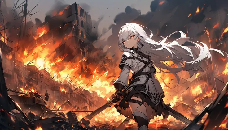 mysterious。White Hair Girl。Detailed Background。両手に双剣を持つWhite Hair Girlが、A scene where the enemy is glaring。The background depicts a fierce battlefield and burning buildings.。