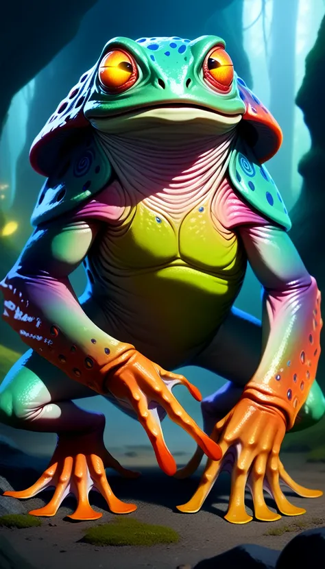 a highly detailed and colorful extraterrestrial frog shaman, amphibious creature, futuro-tribal design, bullywog, grung, beautiful yet alien appearance, frog-like facoal feature, non human appearance, vibrant colors, intricate tribal markings, glowing eyes...