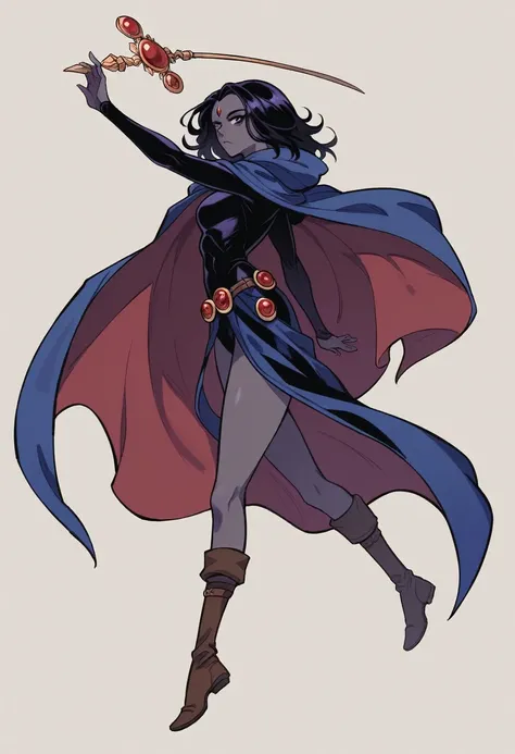 1 adult girl, Raven, black skin black leotard, black cloack, hooded cloak, knee-length Greek skirt, booties, long flowing hair, wavy black hair, forehead jeauel, purples eyes, medieval belt, firm skin, standing, toned, breastsout, battle pose, view from si...