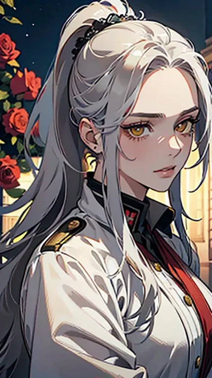 Masterpiece, high quality, Single female, Ethereal, mature, beautiful, masculine, portrait, two metres long wavy fair grey hair, flowy hair, ponytail cascades down the ankles, NO bangs, show forehead, olive skin, yellow eyes, vibrant yellow eyes, white eye...