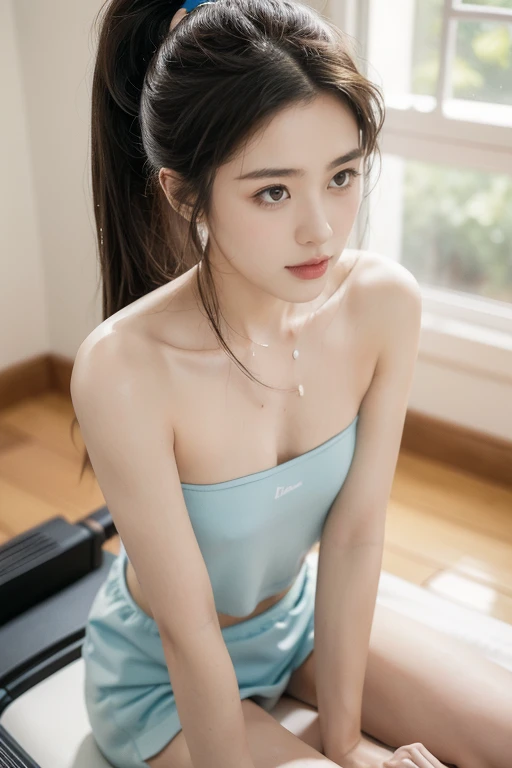 (((best quality))),(((Extremely detailed))),(((masterpiece))),illustration,(1 beautiful girl,Solitary),((Slim,Thin)),((Small Breasts,flat chest)),(blush:1.5),Summer Afternoon,living room,A serene sanctuary,healthy,grace,(Short Ponytail:1.2),轻松grace,((Strap...