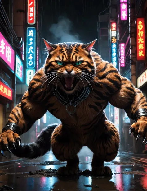 a gigantic cat rampaging in tokyo, battering tanks like toys, night scene, cinematic lighting, dramatic composition, highly detailed, hyper realistic, 8k, photorealistic, cinematic atmosphere, dark moody colors, neon lights, reflections in puddles, steam a...