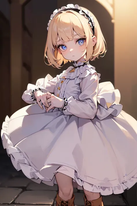 (1 small human girl, A girl with an anatomically perfect body, Super detailed hands, Perfect hands, Super detailed face, detailed pussy, Cute eyes, Pale skin:1.3), (head band, Tunic blouse, Frilled Skirt, boots:1.2), (I want to pee, Strong urge to urinate,...