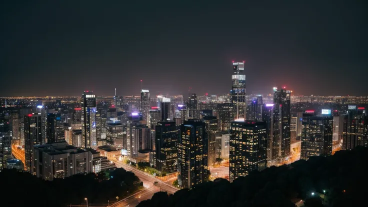 City evening rain high-rise buildings