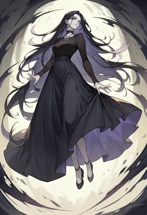 beautiful and mysterious goth girl with long black hair, grey eyes, black shirt, black long skirt, purple right cursed arm, white skin