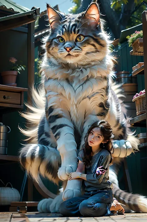 Photorealistic,Realistic,Photography,masutepiece,Best Quality,Ultra-detailed,the Extremely Detailed CG Unity 8K Wallpapers,1girl,gigantic cat,Oversized cat,Outdoors,on grassland,