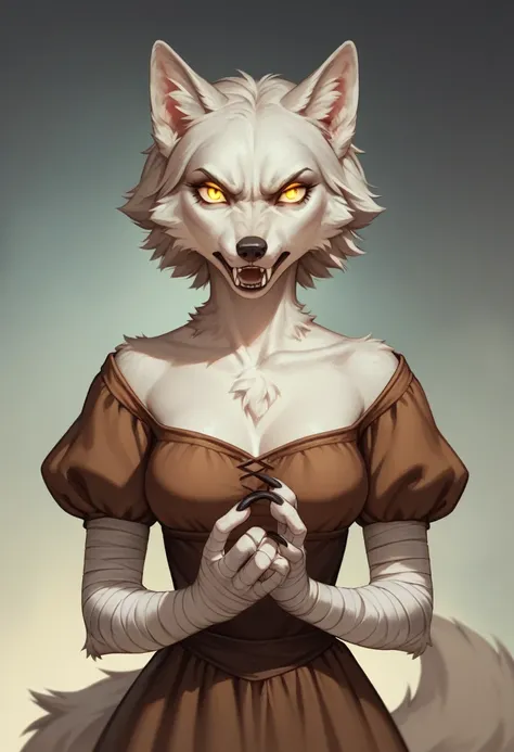 Anthro, beautiful, solo-girl, feminine, wolf-woman, white fur, short hair, white wolf ears, long snout, fangs, bandaged arms, claws, glowing yellow wolf eyes, serious, scary, plain medieval brown dress, breast fur, medium breasts, darkness