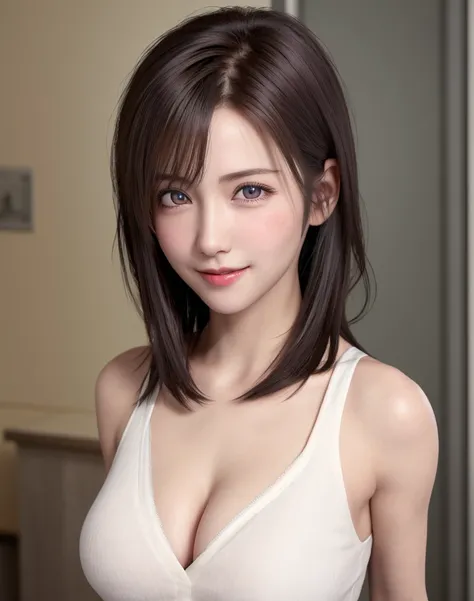 Top quality, ultra high resolution, (photorealistic: 1.4), beautiful eyes, super beautiful, short hair, beautiful breasts, lover, t-shirt with rough chest, eyes inviting viewer, lovers eyes, inviting facial expressions, sexy smile, perfect style, perfect b...