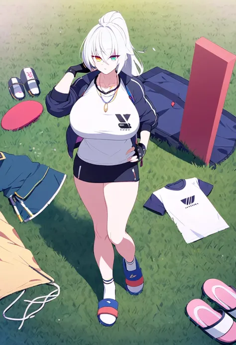 muscle, standing, wide things, big breasts, jacket, slippers, short, socks, t-shirt, ponytail, white hair, heterochromia, fingerless gloves, on grass, necklace