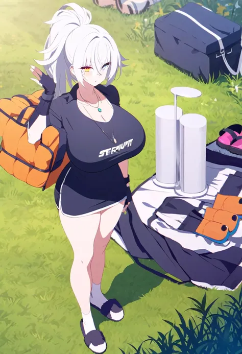 muscle, standing, wide things, big breasts, jacket, slippers, short, socks, t-shirt, ponytail, white hair, heterochromia, fingerless gloves, on grass, necklace