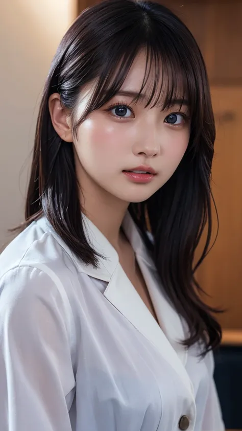 Pretty small face,Sharp contours,Straight Hair,Perfect Woman,Beautiful and young Korean woman,Neat clothes,Slender, Beautiful, large and fine eyes, White teeth,eye shadow