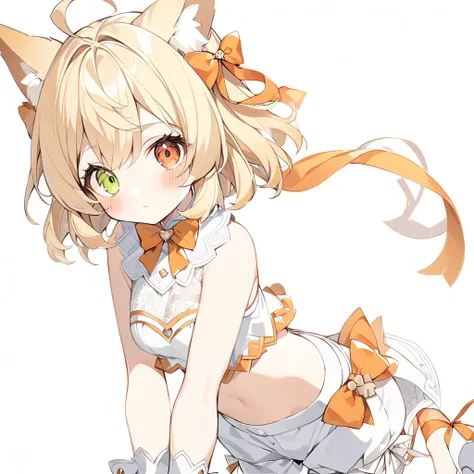 The fox girl,1girl,short hair, The hairstyle is like Klees,animal ears, bangs, bare shoulders, blonde hair, blush, bow, breasts, white cleavage, cropped torso, , green eyes, hair ribbon, heterochromia, , looking at viewer, , orange bow, orange eyes, orange...