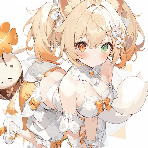 The fox girl,1girl,short hair, The hairstyle is like Klees,animal ears, bangs, bare shoulders, blonde hair, blush, bow, breasts, white cleavage, cropped torso, , green eyes, hair ribbon, heterochromia, , looking at viewer, , orange bow, orange eyes, orange...