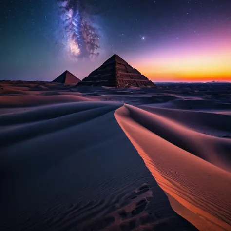 foreground a vast desert with beautiful dunes which have different sizes, some larger than others, these look like fine, soft sa...