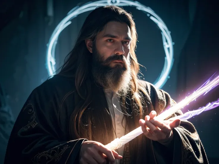 a detailed portrait of a powerful wizard, intricate robes with occult symbols, long white beard, piercing eyes, holding a glowing magical staff, dramatic lighting, dark mysterious background, digital painting, cinematic, masterpiece, (best quality,4k,8k,hi...