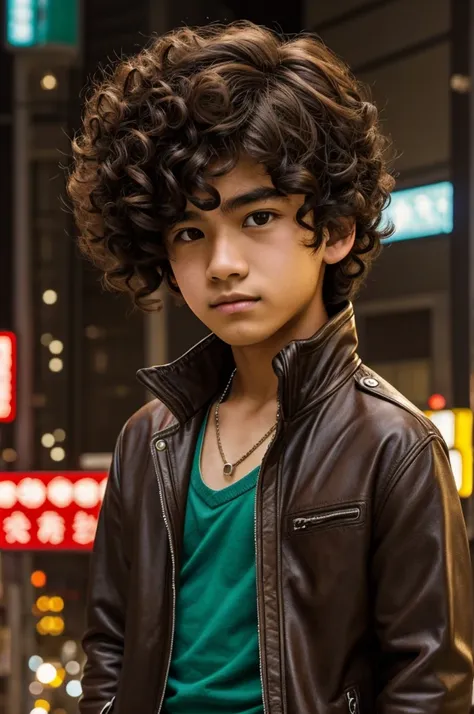 in the style of "Tokyo revergers" creates a 15 year old male, delgado, thesis morena clara, dark brown curly hair in the Tokyo revengers universe