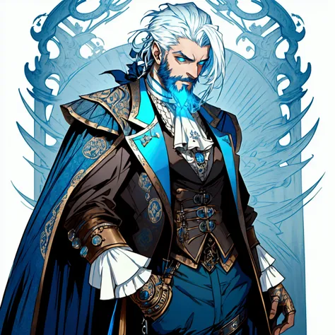 an athletic lithe male with long white hair and a scruffy beard, glowing blue eyes and a ghostly look to him, wearing a steampunk inspired victorian outfit