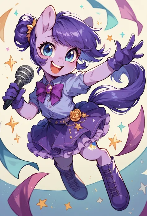 cute and beautiful idol girl with purple pony tail hair, light blue eyes, white and purple shirt, white and purple skirt, purple gloves and purple boots with a microphone on her hand, happy