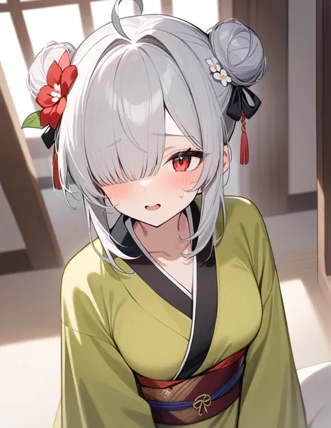 One girl, masterpiece, Ahoge, Bun Hair, Gray Hair, Hair that hides one eye, Red eyes, Hair Flower, Kimono wear、