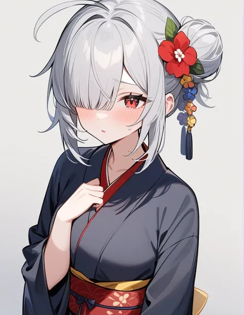 One girl, masterpiece, Ahoge, Bun Hair, Gray Hair, Hair that hides one eye, Red eyes, Hair Flower, Kimono wear、