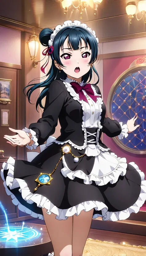 from yoshiko tsushima *love live! sunshine!!* is performing a ritual in her room. she is dressed in gothic lolita attire, surrou...