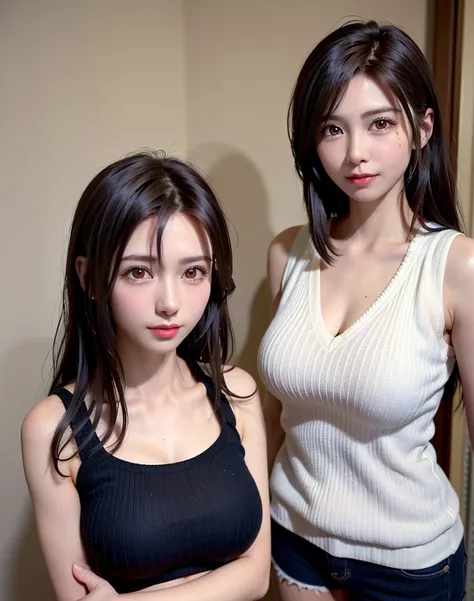 (in 8K, top-quality, ​masterpiece:1.2), (realisitic, Photorealsitic:1.37), ultra-detailliert, Natural sunlight, mideum breasts, I can see the cleavage, 1 persons, 25 year old woman, Dark hair, Pendants, Torn shorts, Light Knit V-Neck Shirt, At the time of ...