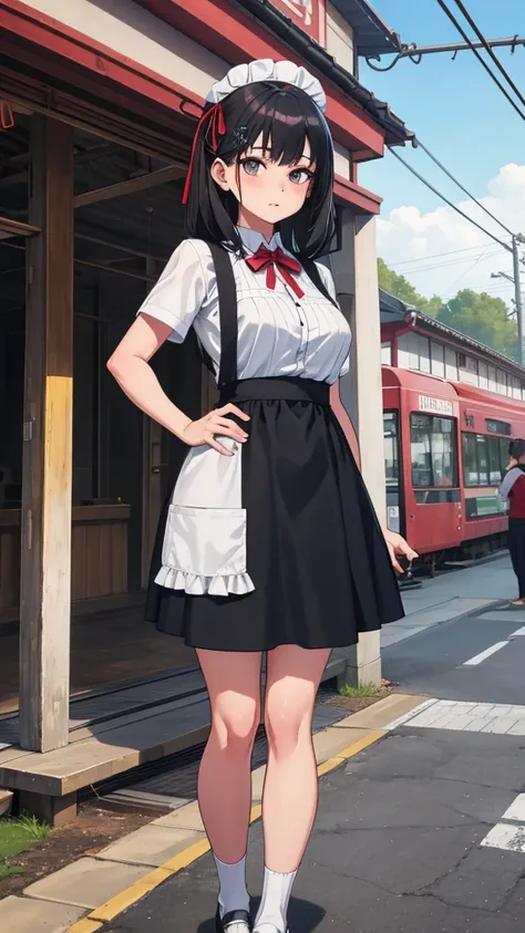 masterpiece,Highest quality,One girl,daughter, hair ornaments, ribbon, Apron dress, mini skirt, White shirt, Short sleeve, socks, Mary Jane,Are standing,At the station,Asian architecture,Power lines,Outdoor, 