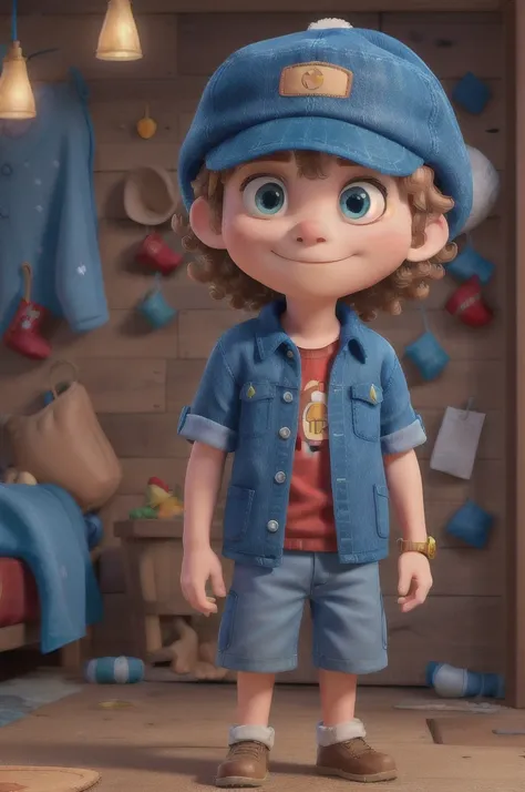 there is a young boy with big blue eyes curly blond hair wearing a hat and blue shirt, baggy clothing and hat, in blue and yellow clothes, wearing a fisher 🧥, with a cool pose, wearing a navy blue utility cap, deep in thought, cold as ice! 🧊, golden blue o...