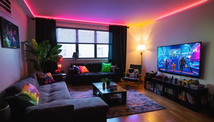 dark small apartment living room with big screen tv , neon lights, games, action figures