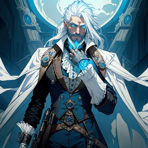 an athletic lithe male with long white hair and a scruffy beard, glowing blue eyes and a ghostly look to him, wearing a steampun...