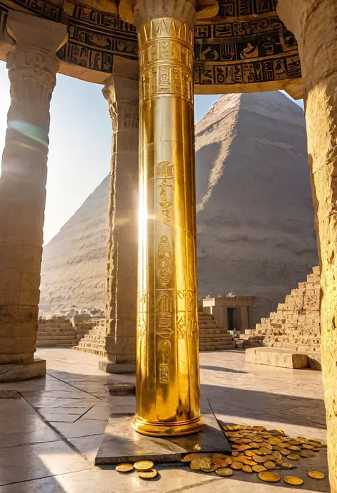 ,Golden monolith pillar standing inside an Egyptian pyramid, Shining Golden, One monolithic pillar of pure gold, On the floor around the pillar, (many Ancient There are mountains of silver and gold coins on floor) ,(foreshortening, Canon, 8k, anatomically ...