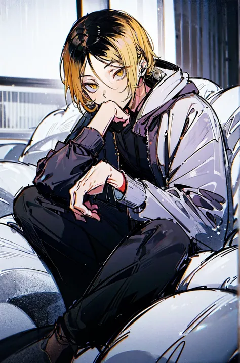 (hutaodef:1.2),in with h ,white 背，
kenma kozume，lazy，dark circles，comfort，laid back，seated long sleeve sweatshirt，black wide-leg...