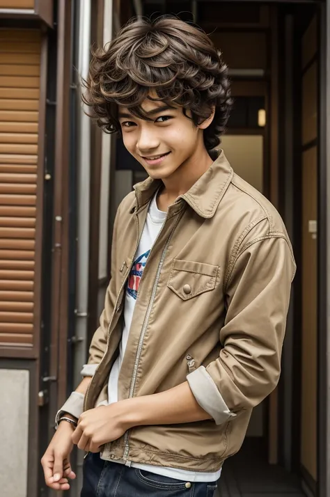 in the style of "Tokyo revergers" Create an anime-style image of a 15-year-old male, slim by Natura, light brown complexion, his happy but relaxed face, physically attractive, with somewhat messy dark brown hair being semi-curly and softly fluffy