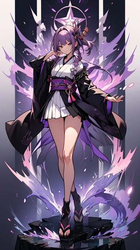 skinny girl, ultra high definition, very detailed, shuriken, shot, two tone hair (light purple, black), bundled hair, whole body, traditional Japanese outfit, short skirt, 23 years old, forest background