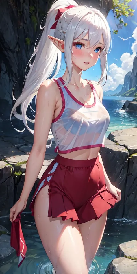 realistic, 1 girl elf, ponytail, parted lips, blush, compensate, light smile, white hair, sportswear, skirt, wet clothes, shine, thighs, blue eyes, bare shoulders, clavicle, tight waist, sunbeam, sunlight, Rose, Wind, cleavage, (masterpiece), Sweat, 