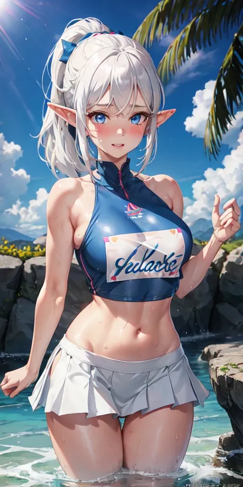 realistic, 1 girl elf, ponytail, parted lips, blush, compensate, light smile, white hair, sportswear, skirt, wet clothes, shine, thighs, blue eyes, bare shoulders, clavicle, tight waist, sunbeam, sunlight, Rose, Wind, cleavage, (masterpiece), Sweat, 