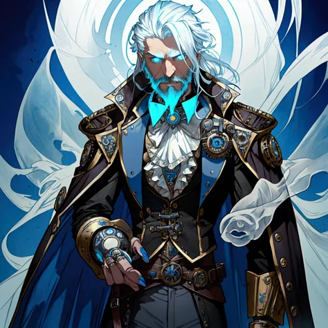 an athletic lithe male with long white hair and a scruffy beard, glowing blue eyes and a ghostly look to him, wearing a steampunk inspired victorian outfit