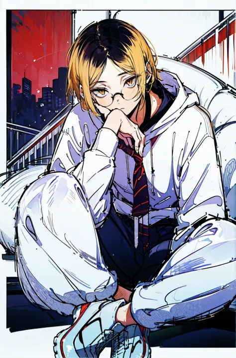 (hutaodef:1.2),in with h ,white 背，
kenma kozume，lazy，dark circles，comfort，laid back，seated long sleeve sweatshirt，wide leg pants...